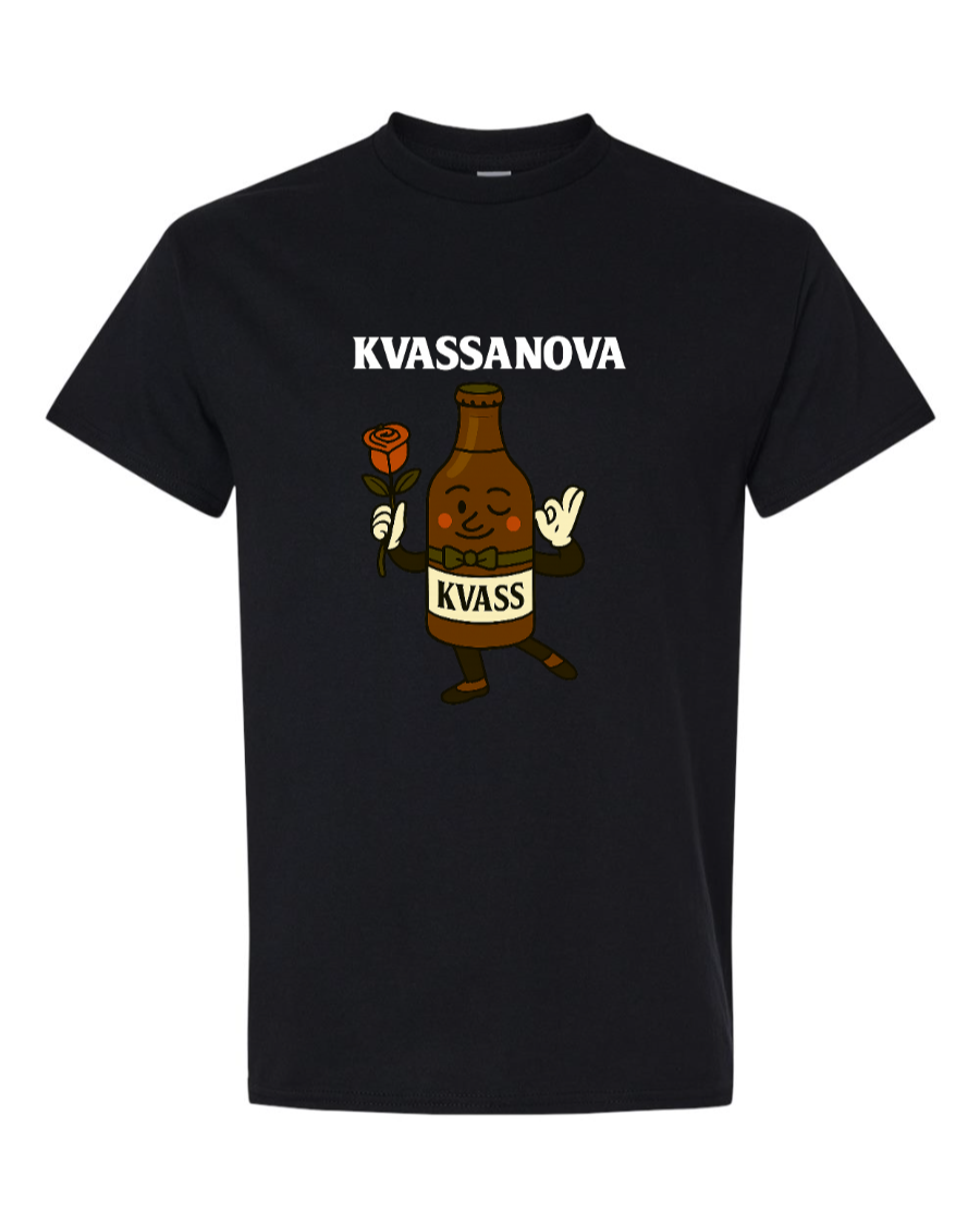 Smiling kvass bottle with rose and bow tie.