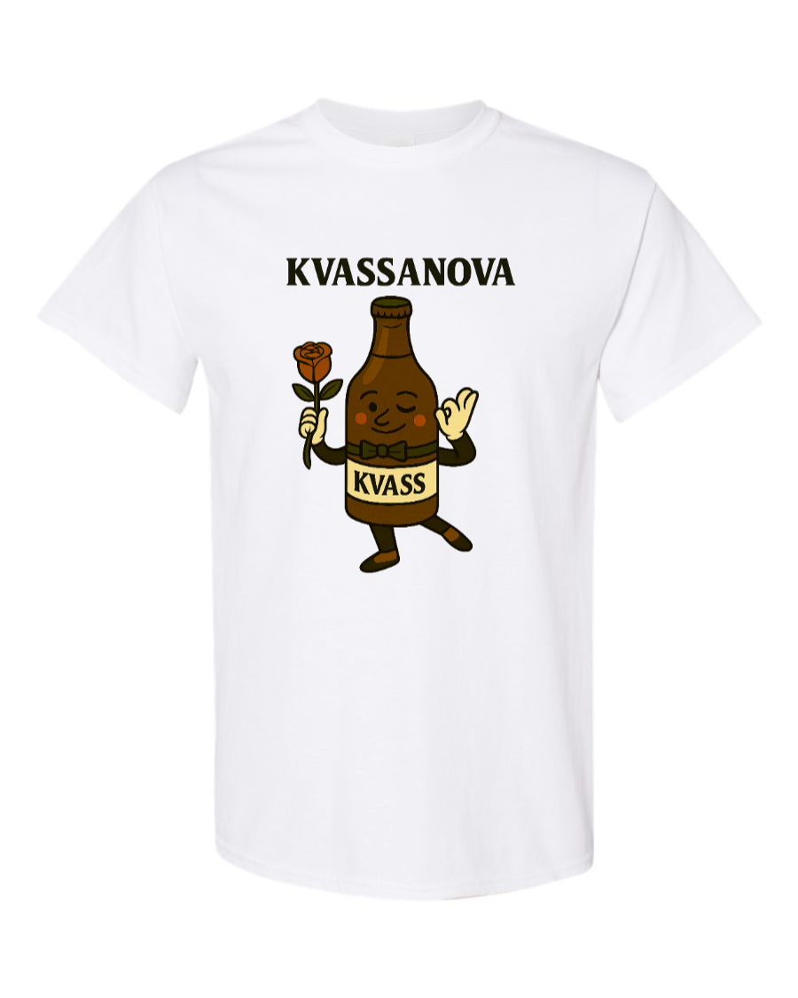 Smiling kvass bottle with rose and bow tie.