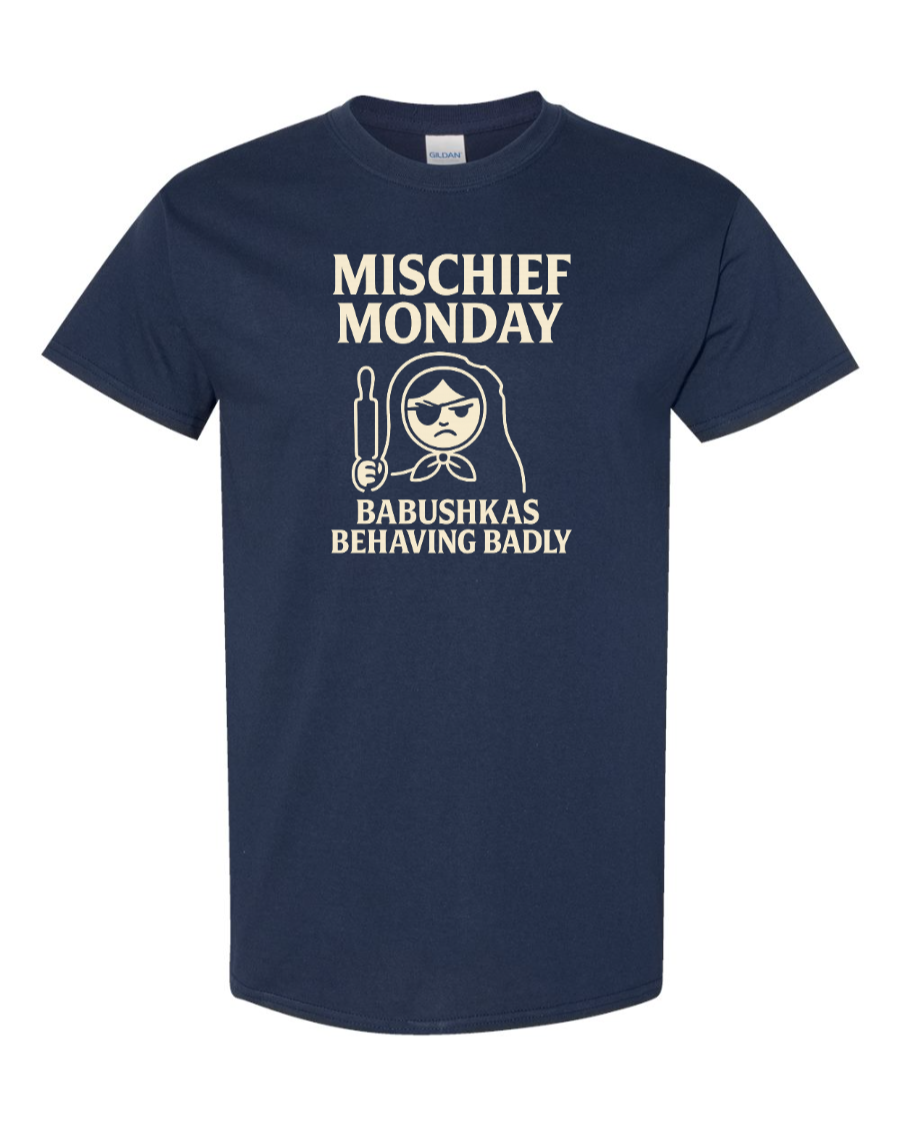 Cartoon babushka with rolling pin under bold “Mischief Monday” text.