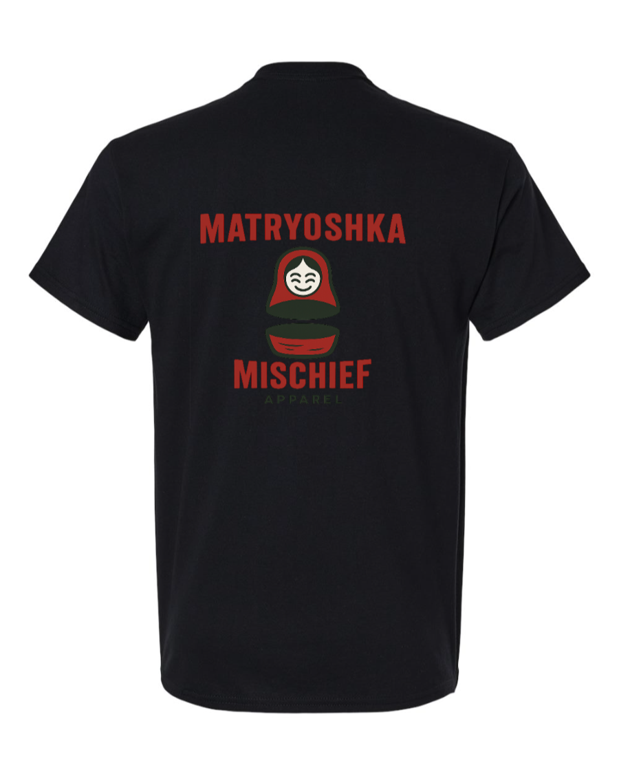 Split matryoshka doll with “MATRYOSHKA” above and “MISCHIEF” below.