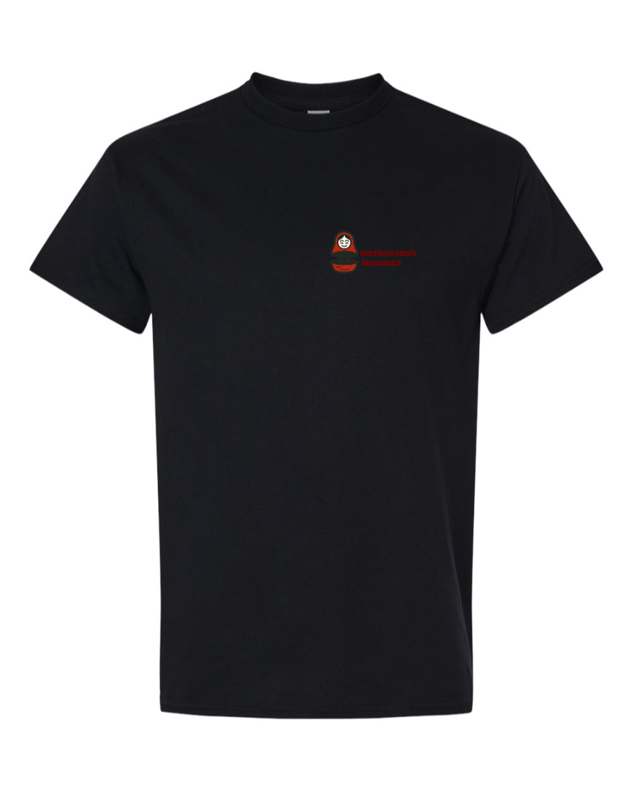 Split matryoshka doll with “MATRYOSHKA MISCHIEF” text beside it.