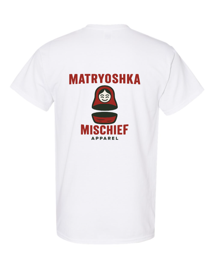 Split matryoshka doll with “MATRYOSHKA” above and “MISCHIEF” below.
