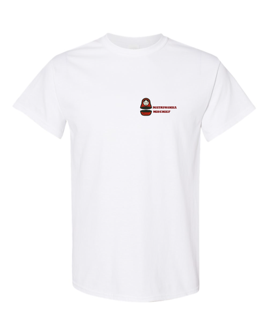 Split matryoshka doll with “MATRYOSHKA MISCHIEF” text beside it.