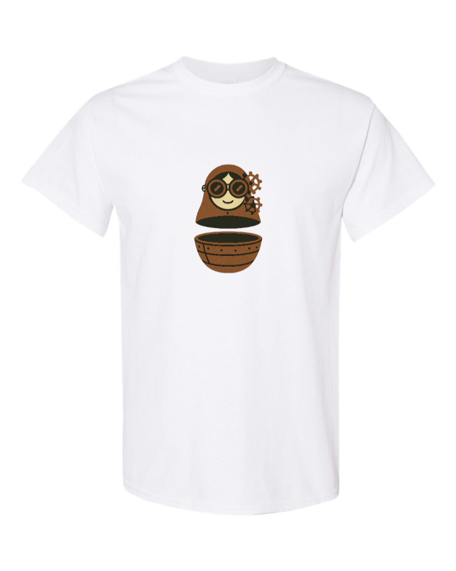 Cartoon matryoshka robot with goggles, gears, and split body.