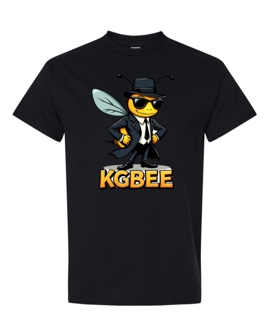 Cartoon bee in a black suit and fedora with bold “KGBEE” text.