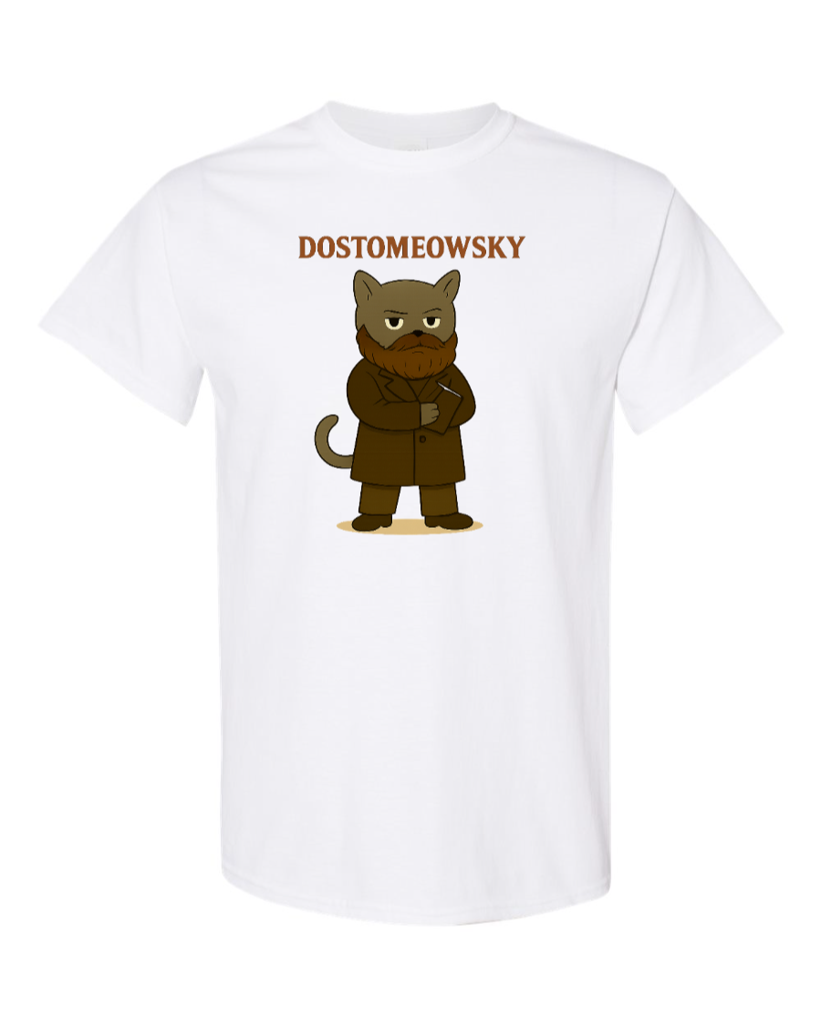 Cartoon cat with beard and overcoat holding a book, labeled “DOSTOMEOWSKY.”