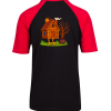 Black Red Whimsical wooden hut on chicken legs with broom and chimney smoke.