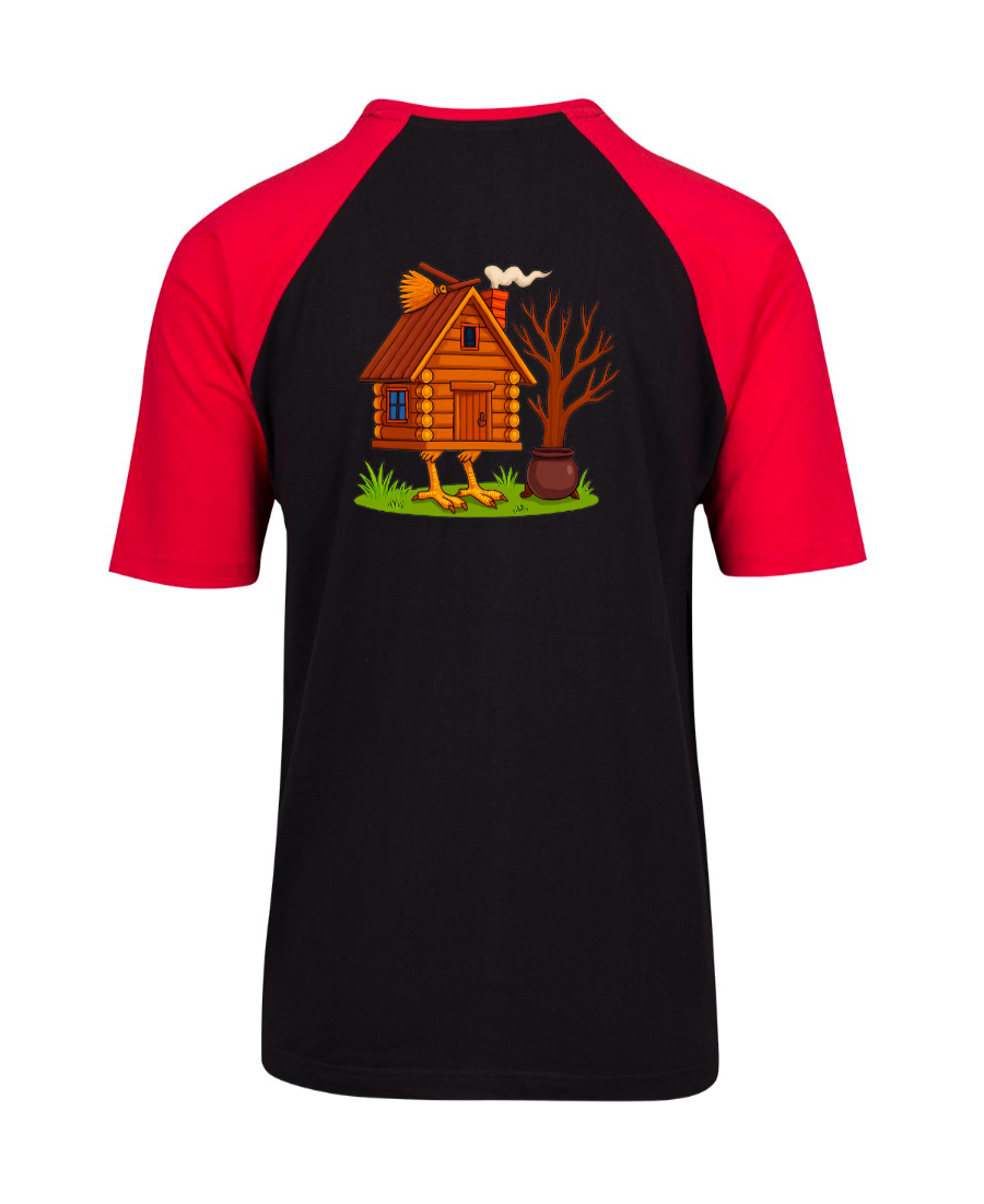 Whimsical wooden hut on chicken legs with broom and chimney smoke.