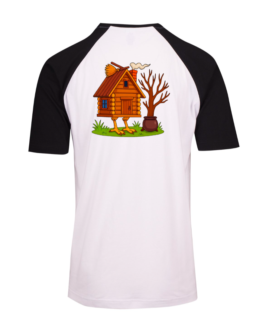 Whimsical wooden hut on chicken legs with broom and chimney smoke.