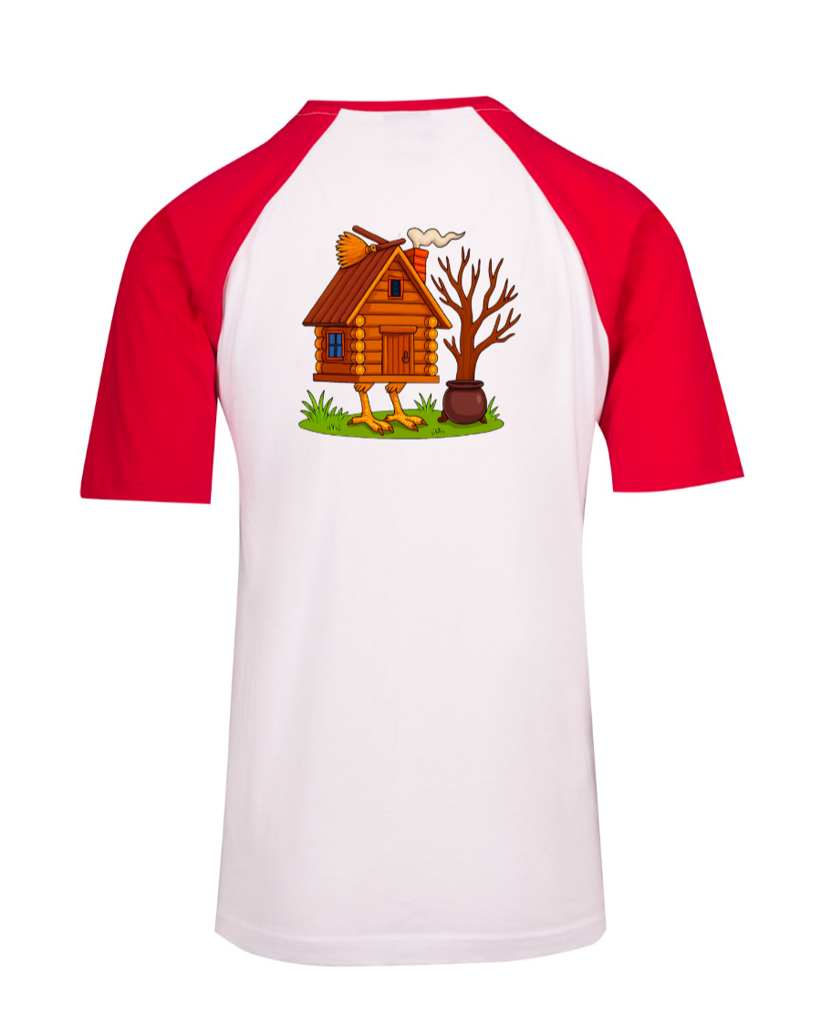Whimsical wooden hut on chicken legs with broom and chimney smoke.
