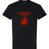 Black Red handprint with bold text “DASVIDANYA DRAMA” — a satirical farewell to drama.