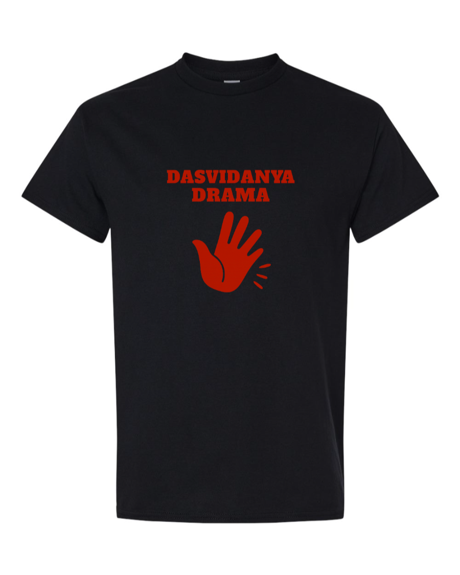 Red handprint with bold text “DASVIDANYA DRAMA” — a satirical farewell to drama.