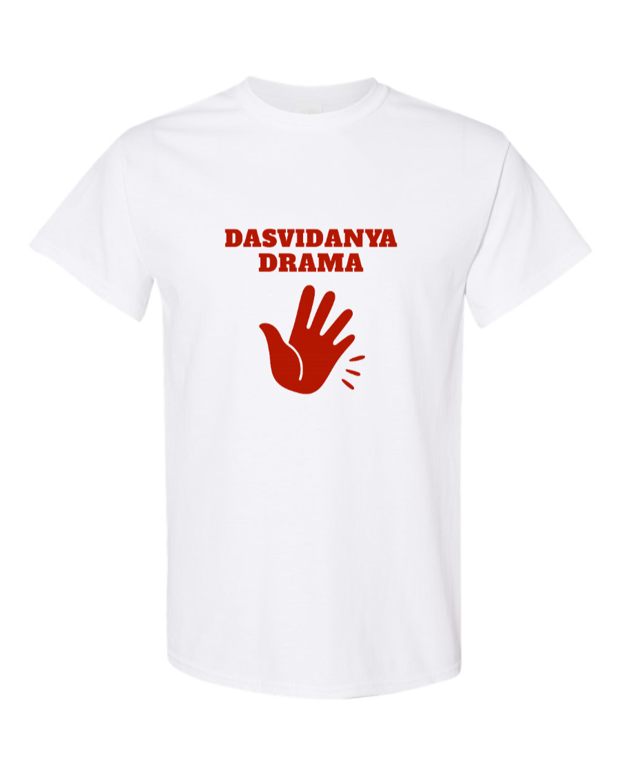 Red handprint with bold text “DASVIDANYA DRAMA” — a satirical farewell to drama.