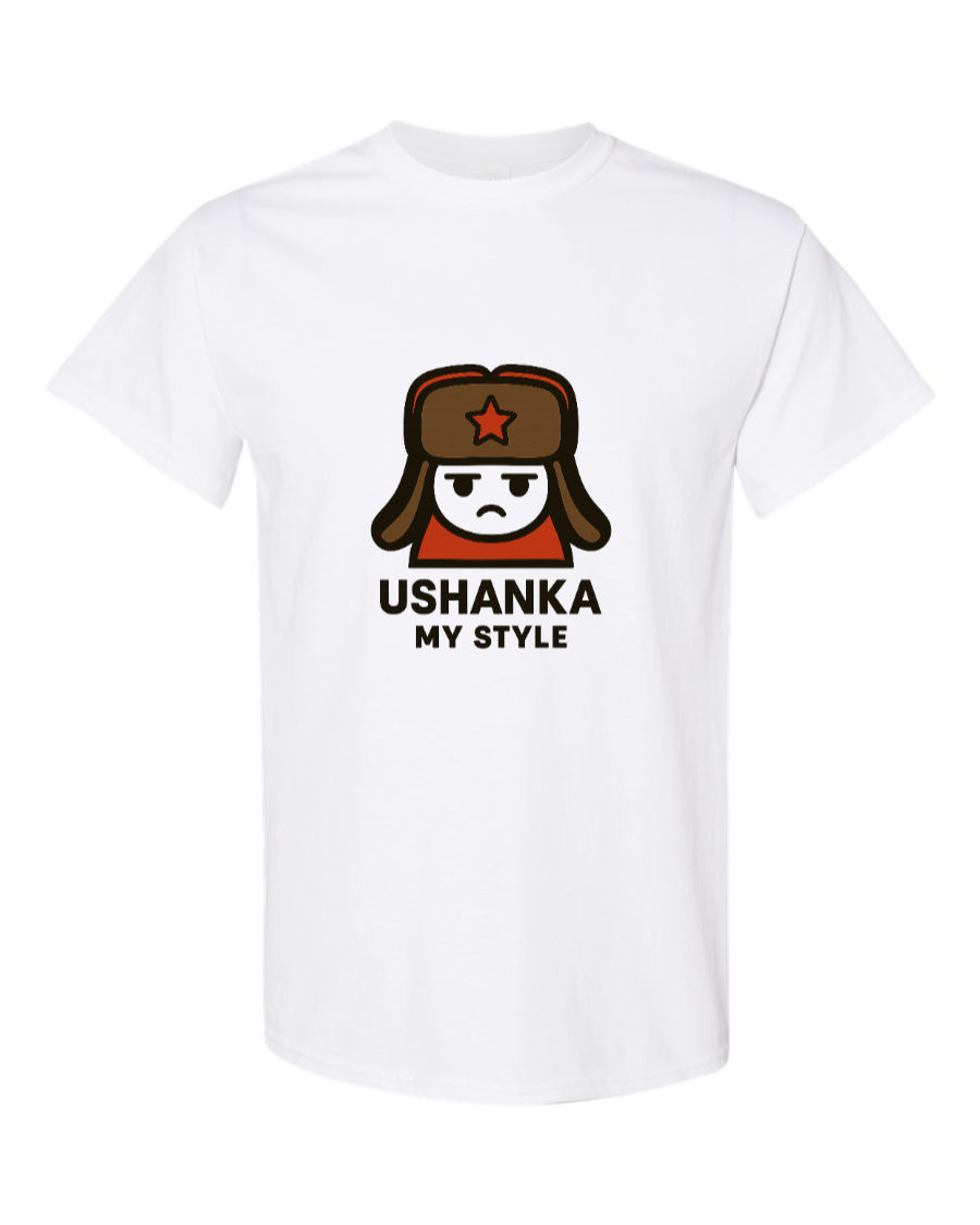 Cartoon bear in ushanka with red star on glitchy black background.