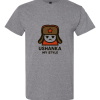 Graphite Heather Cartoon bear in ushanka with red star on glitchy black background.