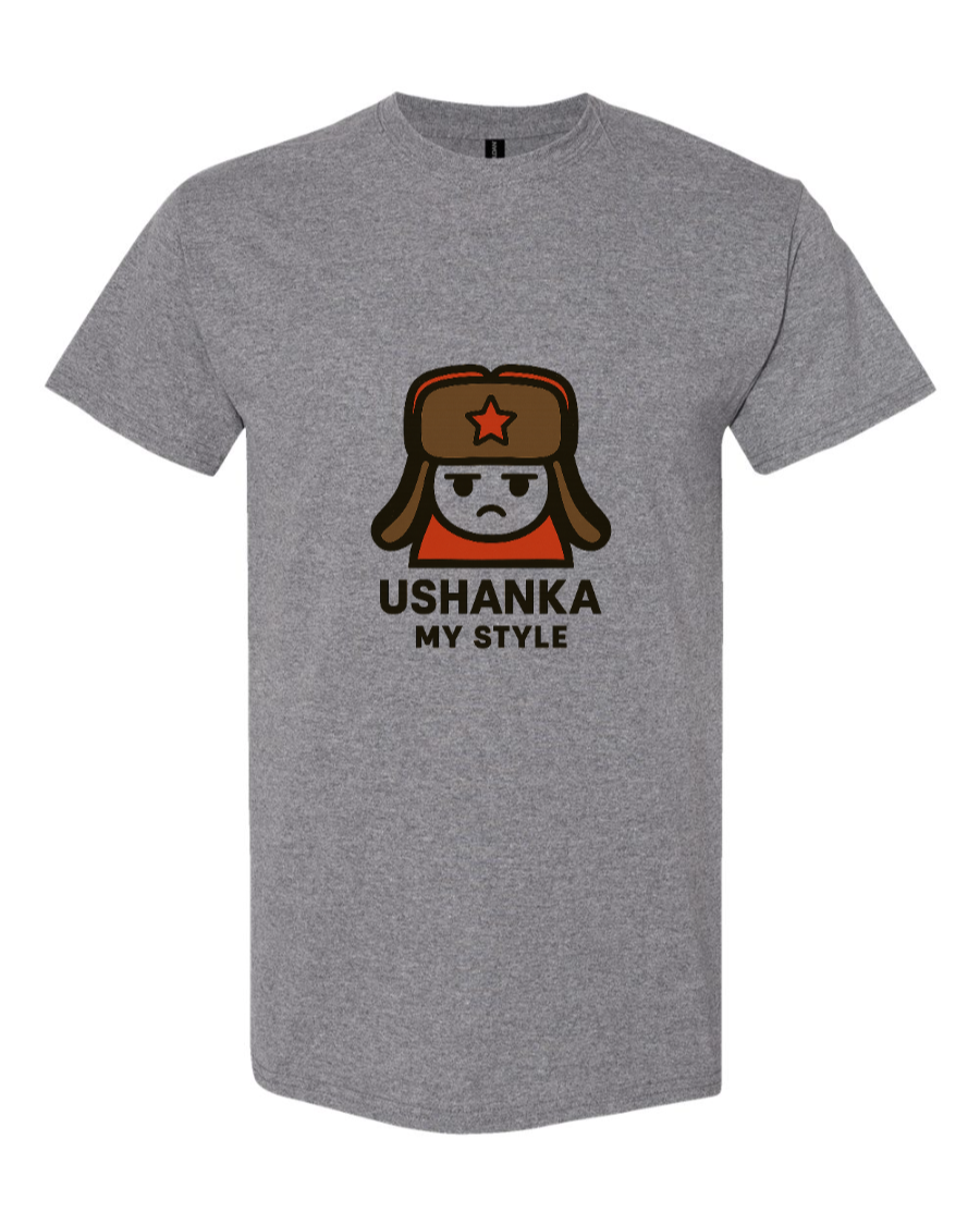 Cartoon bear in ushanka with red star on glitchy black background.